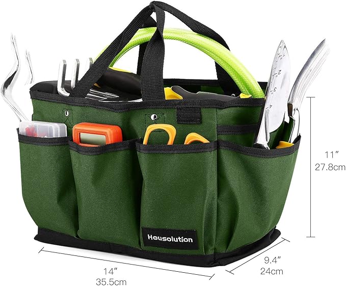 Housolution Gardening Tote Bag, Deluxe Garden Tool Storage Bag and Home Organizer with Pockets, Wear-resistant & Reusable, 14 Inch, Dark Green