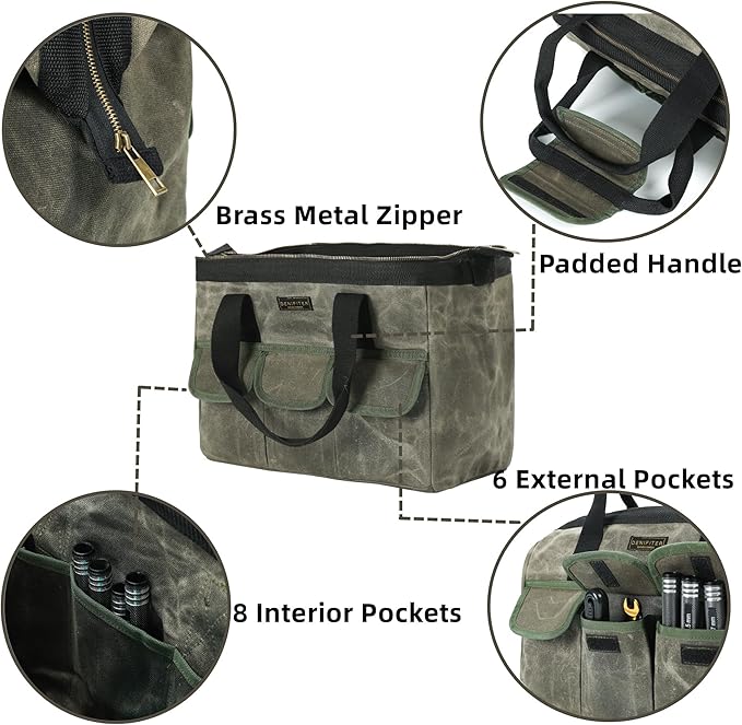 15 Inch Tool Bag, Heavy Duty Waxed Canvas Wide Mouth Water-Resistant Tool Bag, Garden Tool Tote with 15 Pockets | ArmyGreen