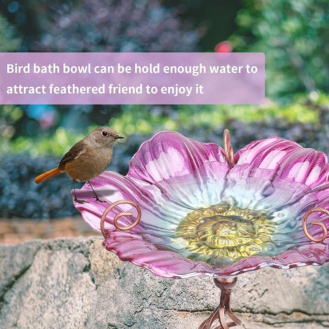 MUMTOP 31 Inch Height Glass Birdbath Birdfeeder with Metal Stake Garden Yard Outdoor Pink