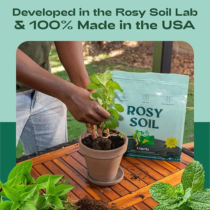 Rosy Soil Herb Mix - Organic Potting Mix for Herbs - Enriched with Biochar, Worm Castings for Root Development, Nutrient Uptake, and Strong Flavor - Fast Draining, Peat Free, Less Prone to Gnats - 4qt