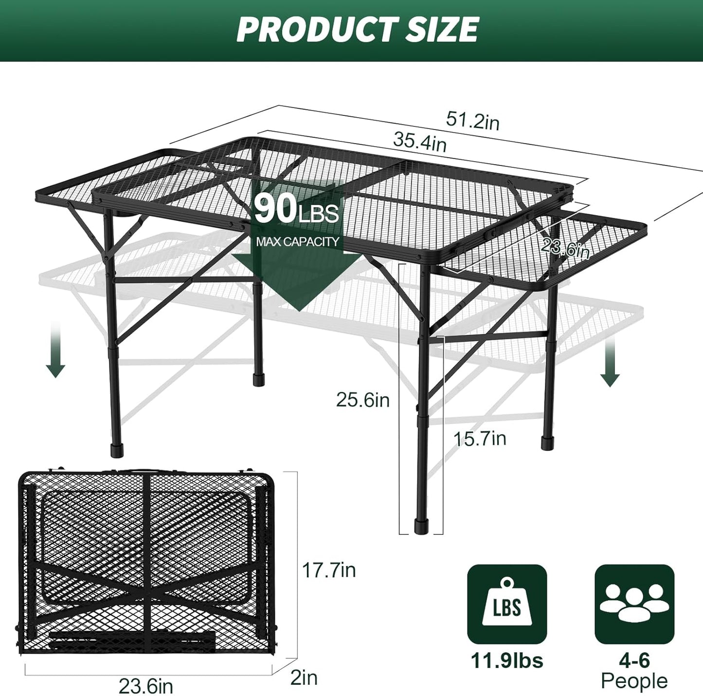 Folding Table with 2 Wing Panels, 3x2 FT Camping Table with Mesh Desktop,Height Adjustable Folding Grill Table with Mesh Bag,Portable Outdoor Table for Picnic,Camping,BBQ,Beach(Black)