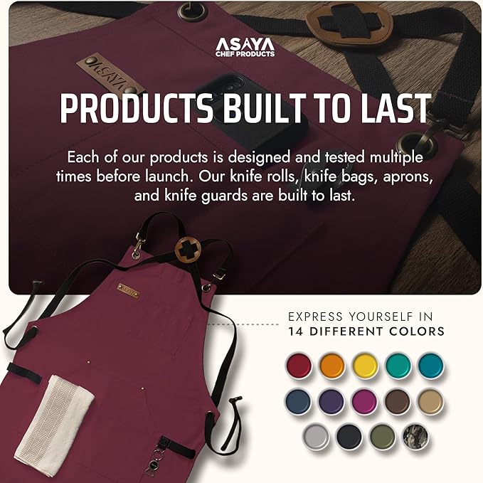 Asaya Chef and BBQ Apron with Bottle Opener and Hand Towel - 10oz Cotton Canvas, Stainless Steel Hardware - Cross Back Straps