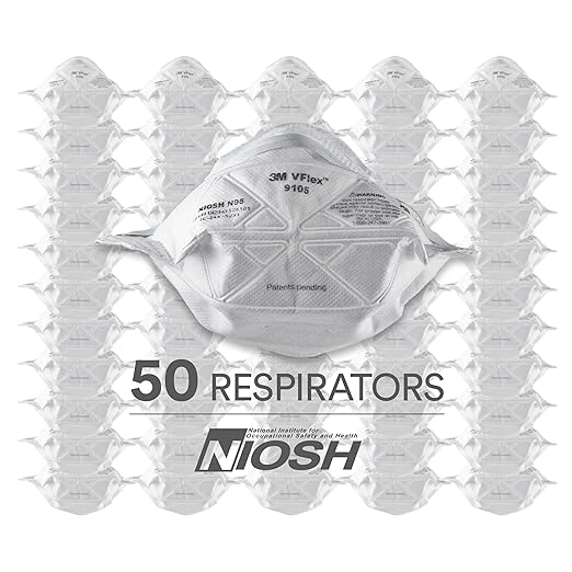 3M N95 Disposable Respirator, VFlex Particulate Respirator 9105, Pack of 50, Standard Size, NIOSH Approved, For Sweeping, Sanding, Grinding, Sawing, Bagging, Dust