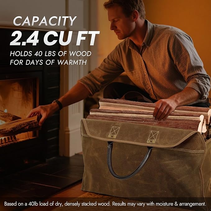 INNO STAGE Heavy Duty Wax Canvas Log Carrier Tote,Large Fire Wood Bag,Durable Firewood Holder,Canvas Shopping Bags, Fireplace Wood Stove Accessories Storage Bag for Fire Pit for Camping, BBQ Barbecue