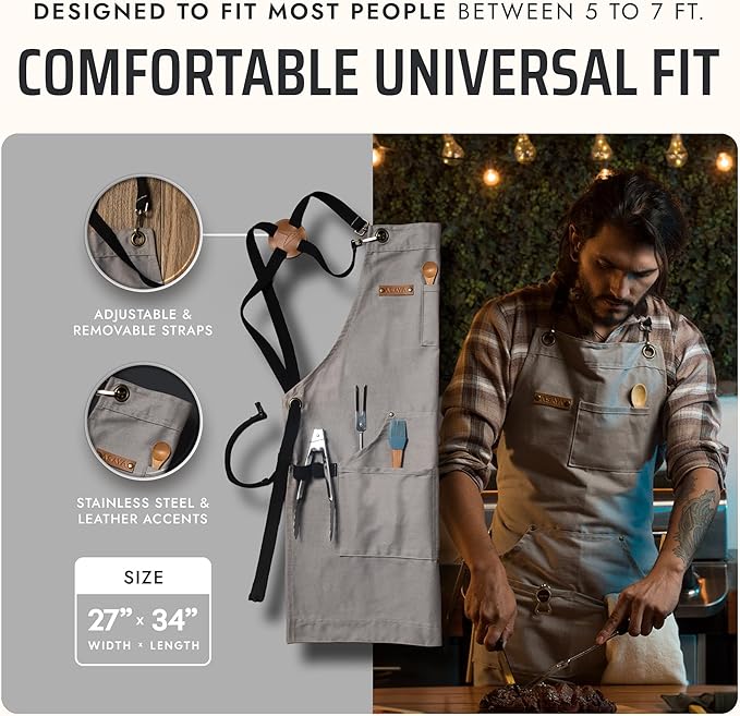 Asaya Chef and BBQ Apron with Bottle Opener and Hand Towel - 10oz Cotton Canvas, Stainless Steel Hardware - Cross Back Straps