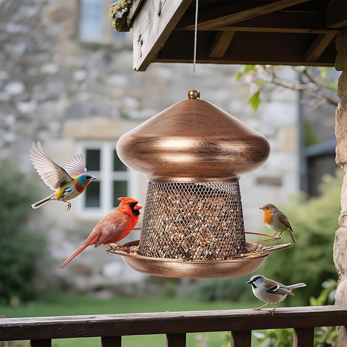Bird Feeder, Heavy Duty Metal Bird Feeders for Outdoor Hanging, Cute Mushroom Shape 3.5 LB Large Capacity Wild Birdfeeder for Outside Garden Yard (Brown)