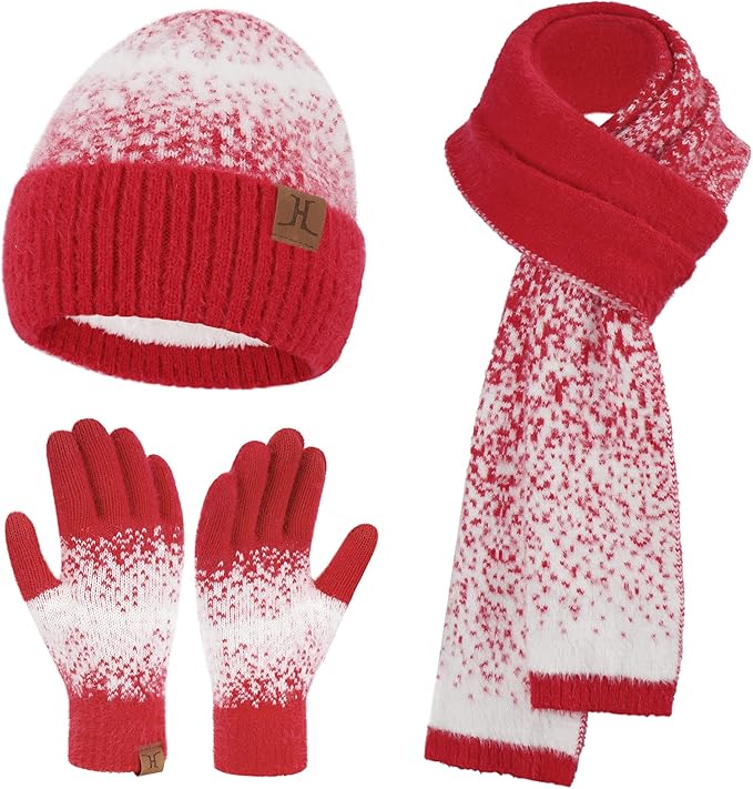 Womens Winter Knit Beanie Hats and Touchscreen Gloves Long Scarf Set with Warm Fleece Lined Skull Caps Scarves for Women