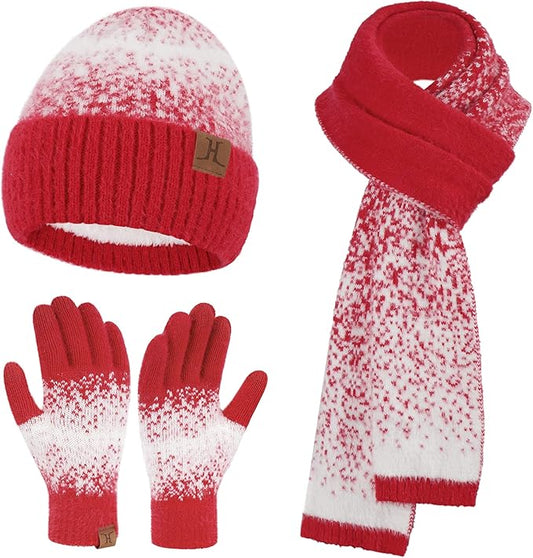 Womens Winter Knit Beanie Hats and Touchscreen Gloves Long Scarf Set with Warm Fleece Lined Skull Caps Scarves for Women