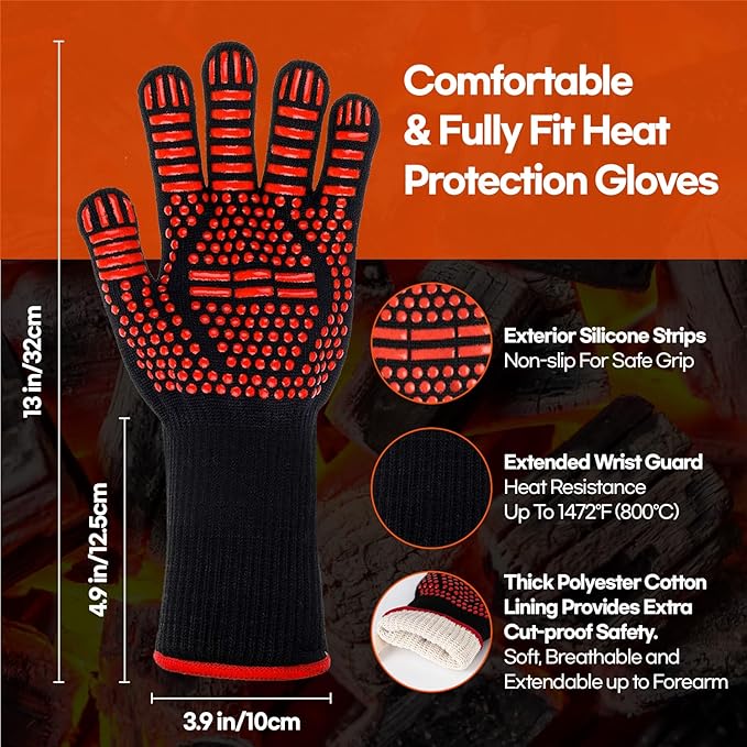BBQ Gloves Heat and Flame Resistant Protection - Oven and Grill Gloves Hand Protection, Extended Wrist for Addtional Safety, Ideal for Outdoor Cooking, Grilling, Barbeque and Campfire (Red)