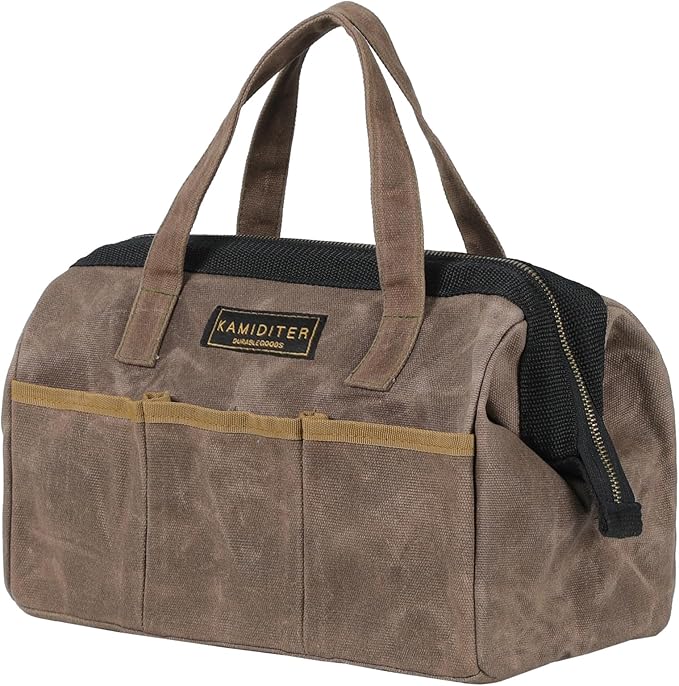 Tool Bag, 13-inch Heavy Duty 16oz Waxed Canvas Wide Mouth Water-Resistant Tool Bag, Tool Tote with Handle for Tools, Wrenches, Screwdrivers (13 X 7 X 9 inch) | Grey