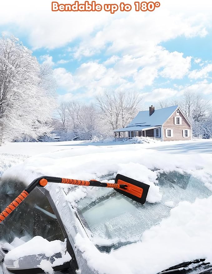 E-SDS 60” Snow Broom Ice Scraper Bendable Snow Remover for Cars with 12.2” Foam Head, Extendable Snow Brush for Car, Truck and SUV (Orange and Black)