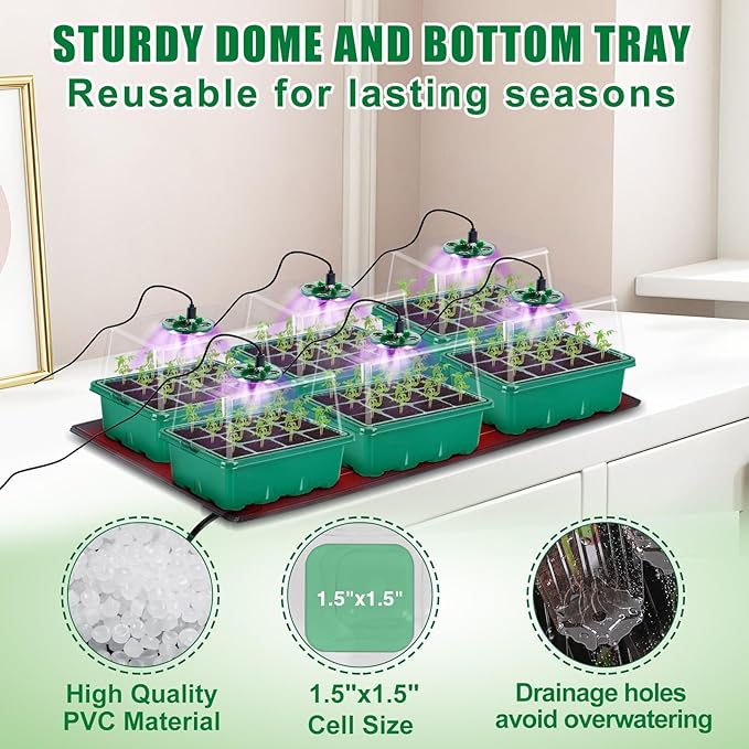 Apipi Seed Starter Tray with Grow Light & Heat Mat- 6 Pack 72 Cell Durable Easy Use Seed Starter Kit for New Gardener, Rapid Seedling Germination Kit with Humidity Domes for Plant Growing Propagation