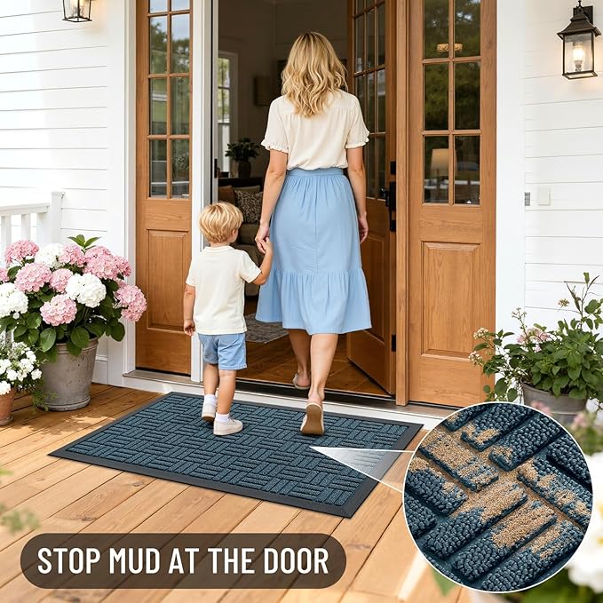 OLANLY Front Door Mat Outside Entrance 47x23, Absorbent, Heavy Duty Sturdy Natural Rubber Doormat Indoor Outdoor, Non-Slip, Stain and Fade Resistant, Low Profile Floor Mat for Entryway, Lake Blue