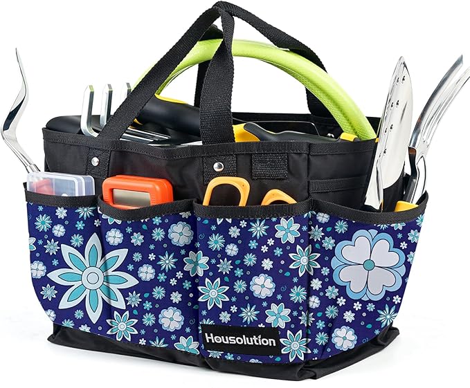 Housolution Gardening Tote Bag, Deluxe Garden Tool Storage Bag and Home Organizer with Pockets, Wear-Resistant & Reusable, 14 Inch, Blue Flowers