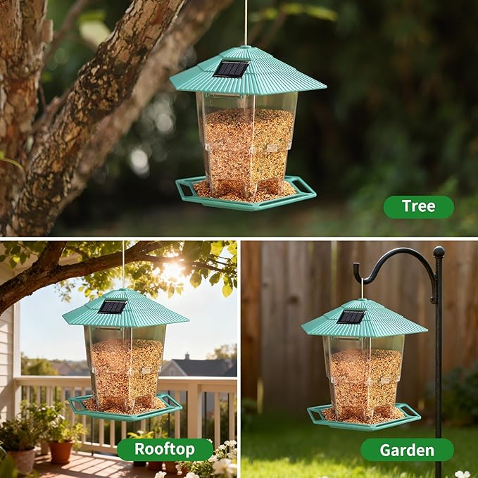 Solar Bird Feeder for Outdoors Hanging,Green Hanging Wild Bird Feeders with S Hook for Blue Bird, Cardinals, Finches,Wild Birds Seed Feeder, As Gift for Bird Lovers