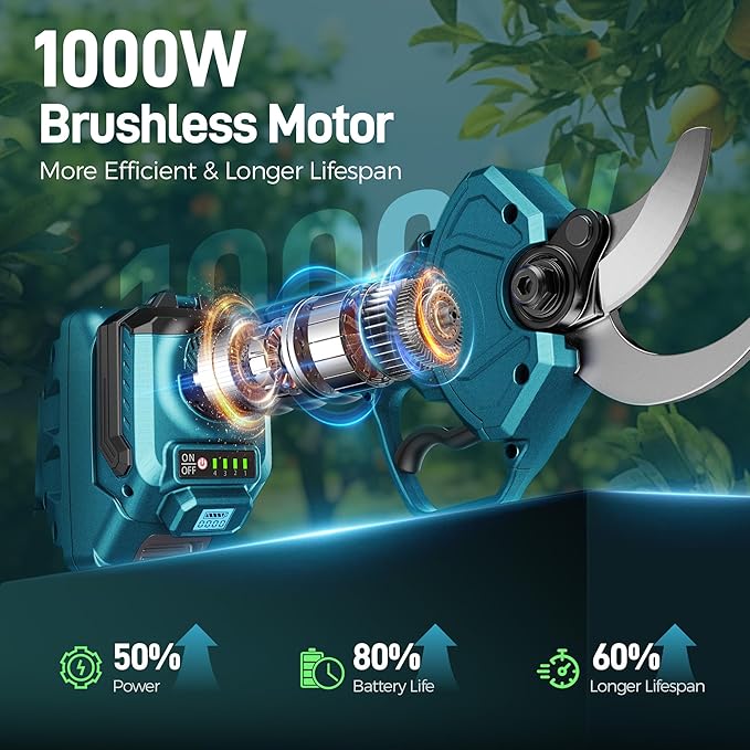 GEVEELIFE Electric Pruning Shears Cordless, 1.6" Cutting Diameter, Portable Cordless Pruning Shears with SK5 Blades, 4 Modes, 2×4.0Ah Battery Powered Electric Pruner for Garden Tree Trimming
