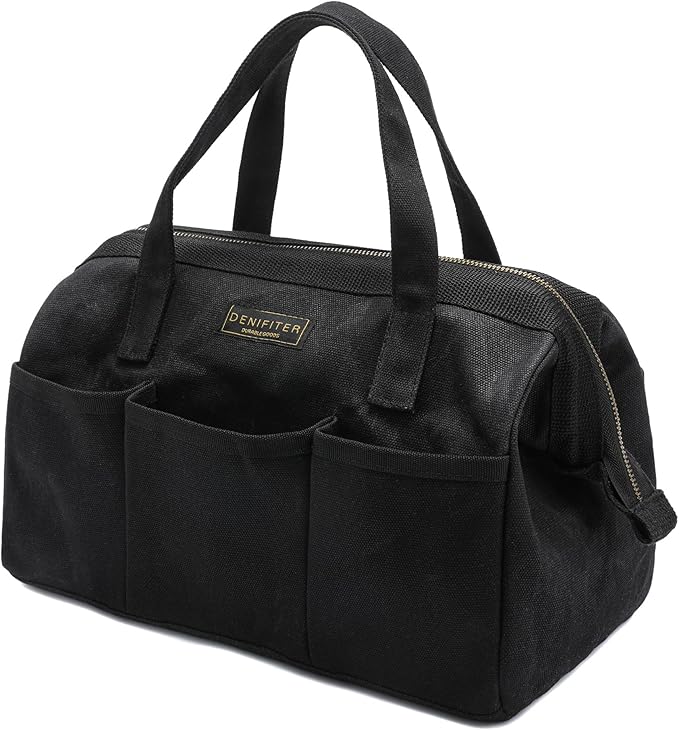 Tool Bag with Zipper, Heavy Duty 16oz Waxed Canvas Wide Mouth Tool Tote Bag, 13-inch Muti-Purpose Storage Tool Pouch with Side Pockets