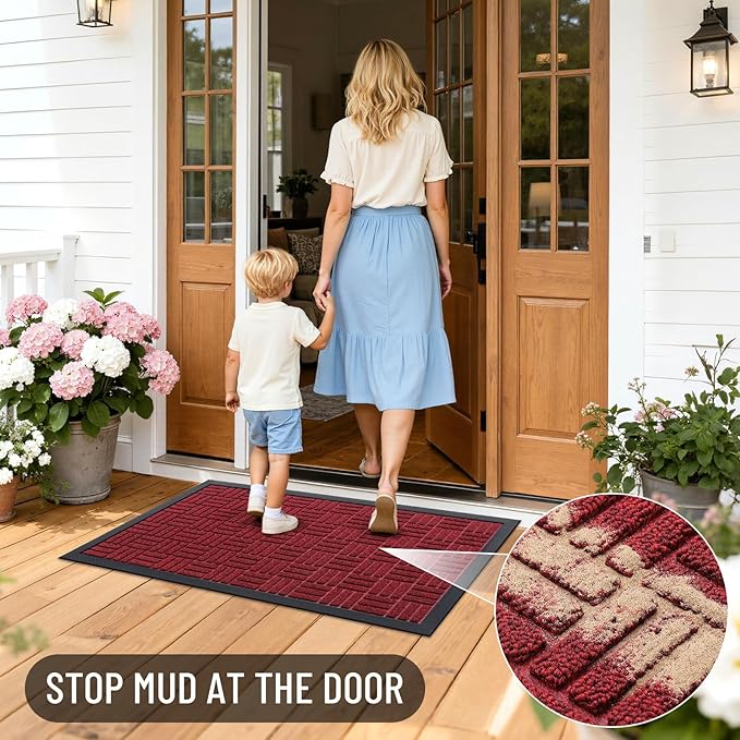 OLANLY Front Door Mat Outside Entrance 71x47, Absorbent, Heavy Duty Sturdy Natural Rubber Doormat Indoor Outdoor, Non-Slip, Stain and Fade Resistant, Low Profile Floor Mat for Entryway, Black Red