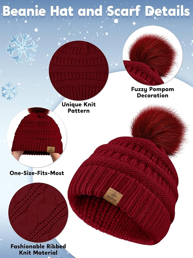 URATOT 4-In-1 Winter Warm Sets Knitted Scarf Touch Screen Gloves Beanie Pompom Hat and Winter Ear Warmer for Men or Women