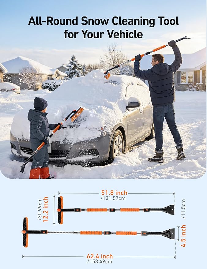 AstroAI 62.4" Ice Scrapers for Car Windshield and Extendable Snow Brush with Foam Grip and 360° Pivoting Brush Head for Christmas Car Auto Truck SUV(Orange)