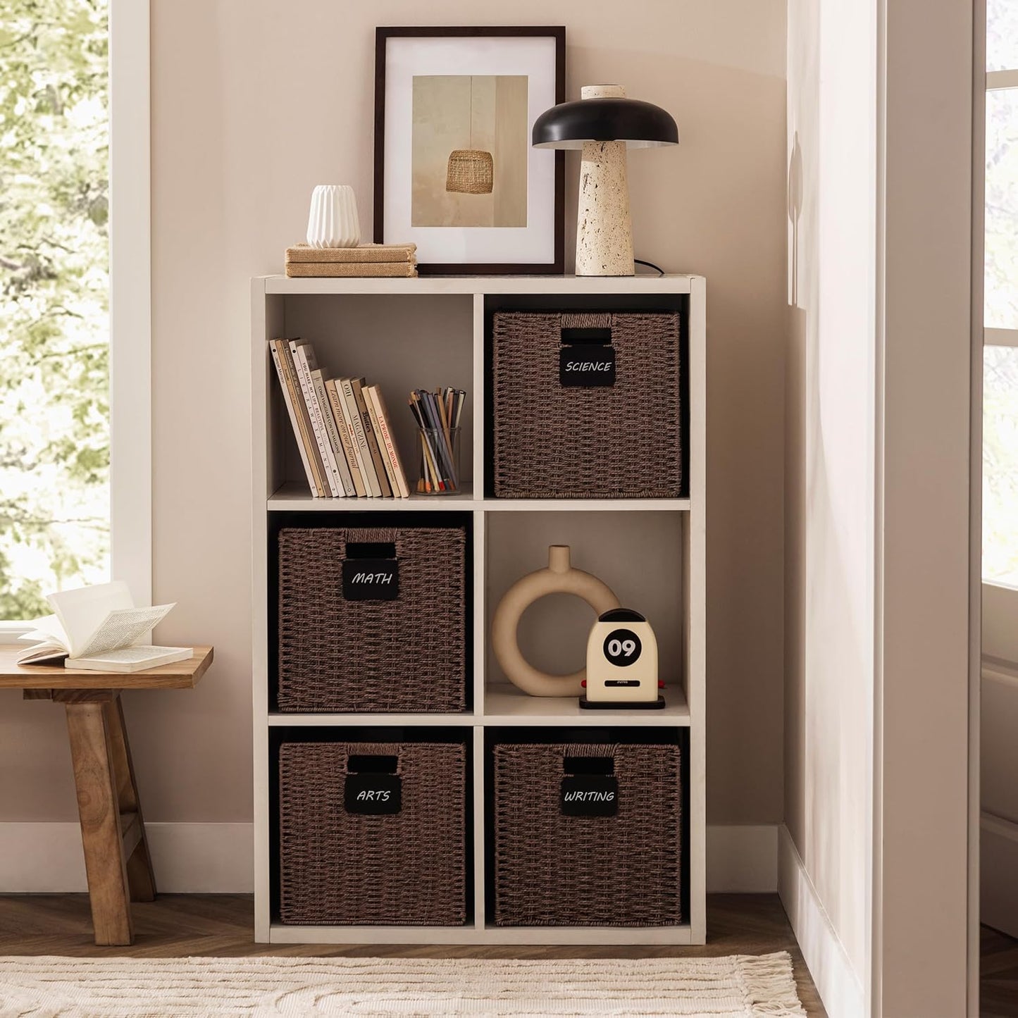 UBBCARE 2 Pack Wicker Basket, 13×13 Storage Cubes with Label, Foldable Cube Storage Bin with Handle, Square Storage Basket for Shelves, Woven Paper Rope Basket for Organizing, Brown