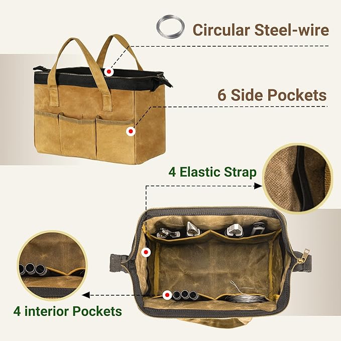 Tool Tote, 13-inch Heavy Duty Waxed Canvas Wide Mouth Tool Bag, Open Top tool Pouch with Handle for Tools, Wrenches, Screwdrivers (13 X 7 X 9 inch) | Khaki