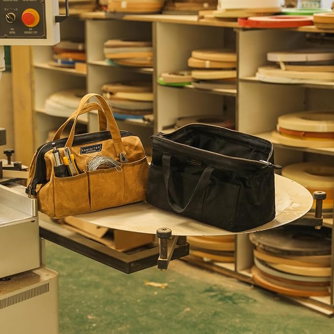 Tool Bag with Zipper, Heavy Duty 16oz Waxed Canvas Wide Mouth Tool Tote Bag, 13-inch Muti-Purpose Storage Tool Pouch with Side Pockets