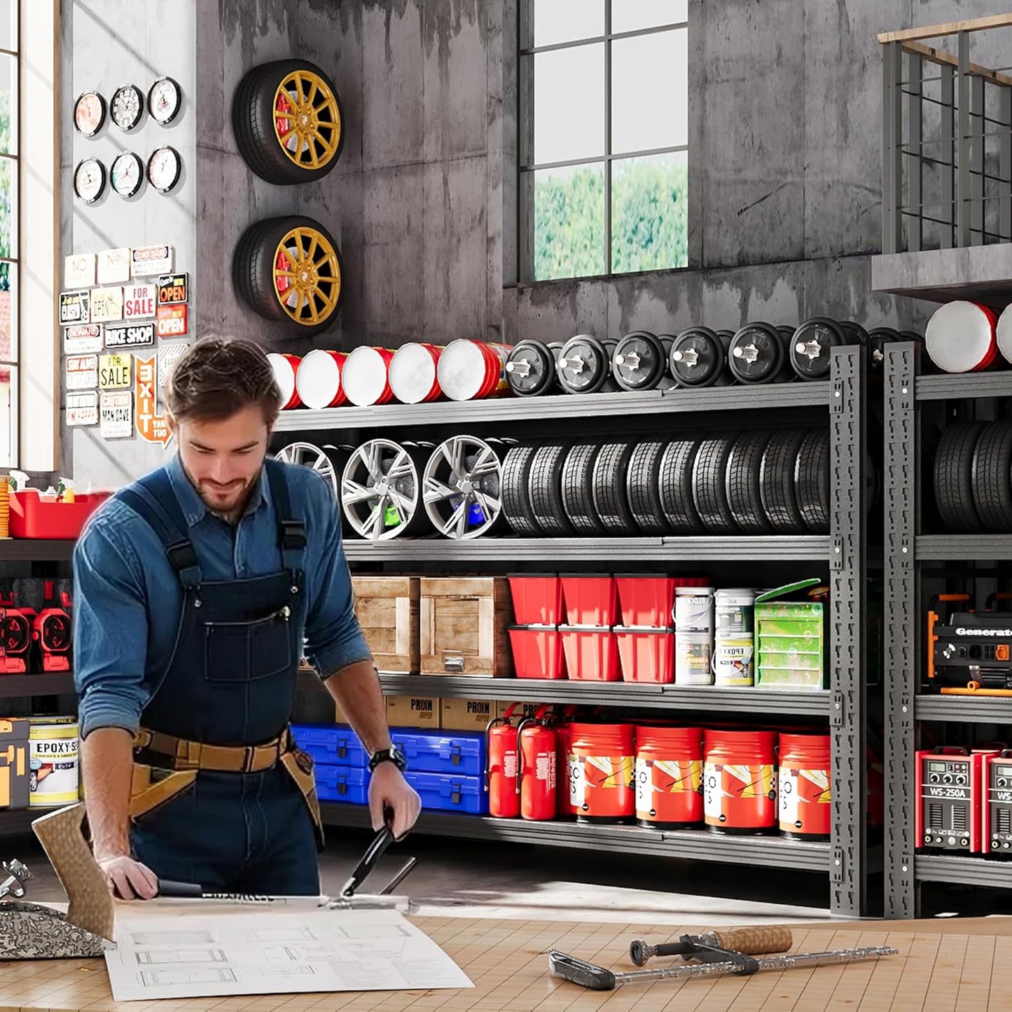 60” W Heavy Duty Garage Shelving, 5000LBS Metal Storage Shelves, 4 Tier Storage Rack Shelf, Steel Industrial Shelving, Adjustable Standing Shelf for Basement/Warehouse 60" W x 24" D x 70" H, Black