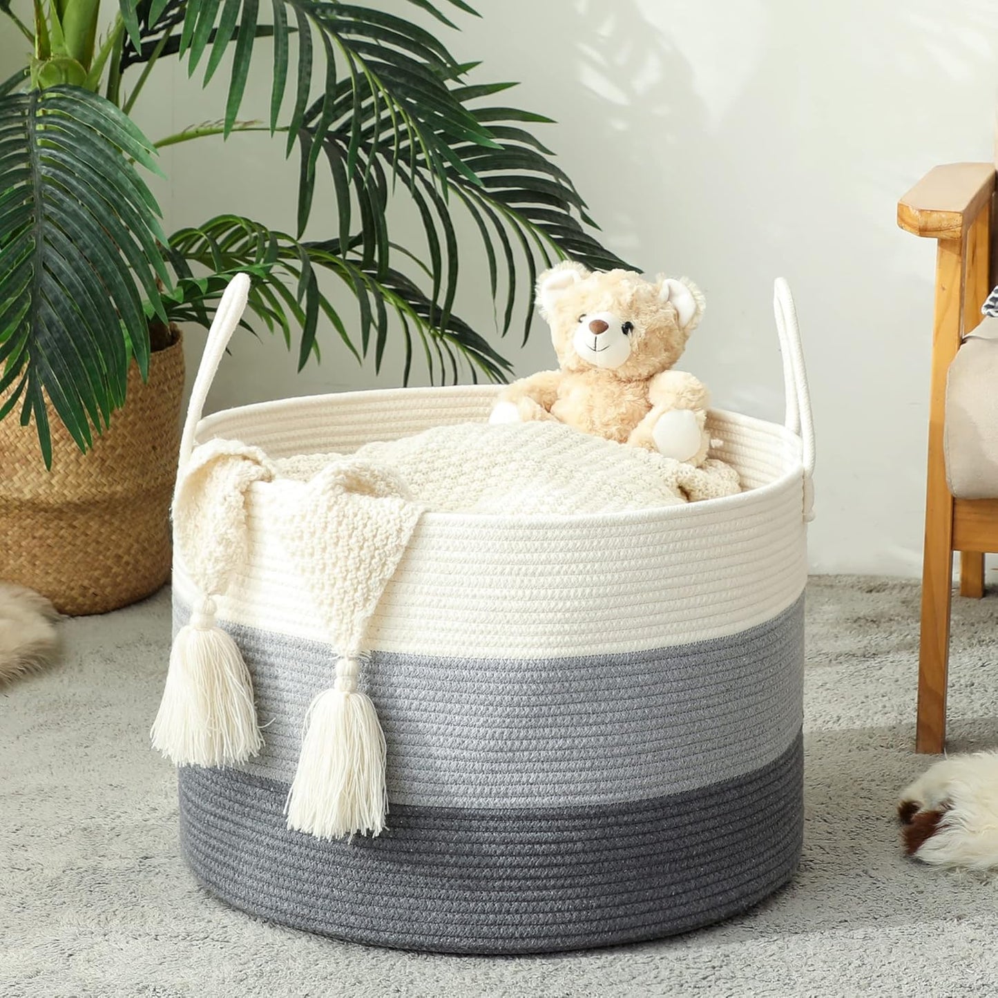 KAKAMAY Large Blanket Basket (20"x13"),Woven Baskets for storage Baby Laundry Hamper,Cotton Rope Blanket Basket for Living Room, Laundry, Nursery, Pillows, Baby Toy chest with Handles (White/Grey)