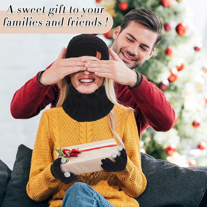 5 Pieces Women Winter Warm Set Knit Beanie Hat Scarf Touchscreen Gloves Earmuffs Stockings 5 in 1 Ski Outing Set for Gift