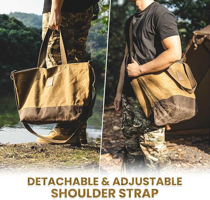 OneTigris Waxed Canvas Tool Tote Bag with Removable Tool Roll Bag, 36L Large Capacity Storage Tote Bag - Heavy Duty Canvas Bag and Tactical Camping Storage for Gardening,Camping Gear Firewood