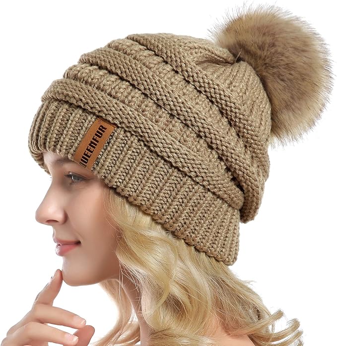 QUEENFUR Women Knit Slouchy Beanie Chunky Baggy Hat with Faux Fur Pompom Winter Soft Warm Ski Cap