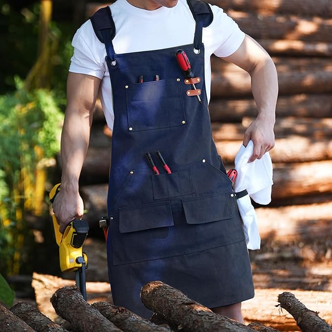 Tosewever Work Aprons for Men with Large Pockets, Canvas Cross Back Heavy Duty Adjustable Tool Aprons for Chef Cooking BBQ
