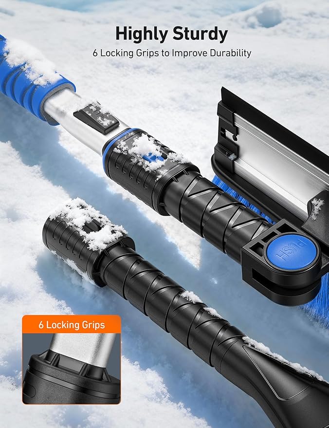 AstroAI 47.2" Ice Scrapers for Car Windshield, 3 in 1 Sturdy Snow Brush with Squeegee, 10 Adjustable Length Settings, Extendable Aluminum Handle, 180° Pivoting Snow Scraper for Car, Truck, SUV(Blue)