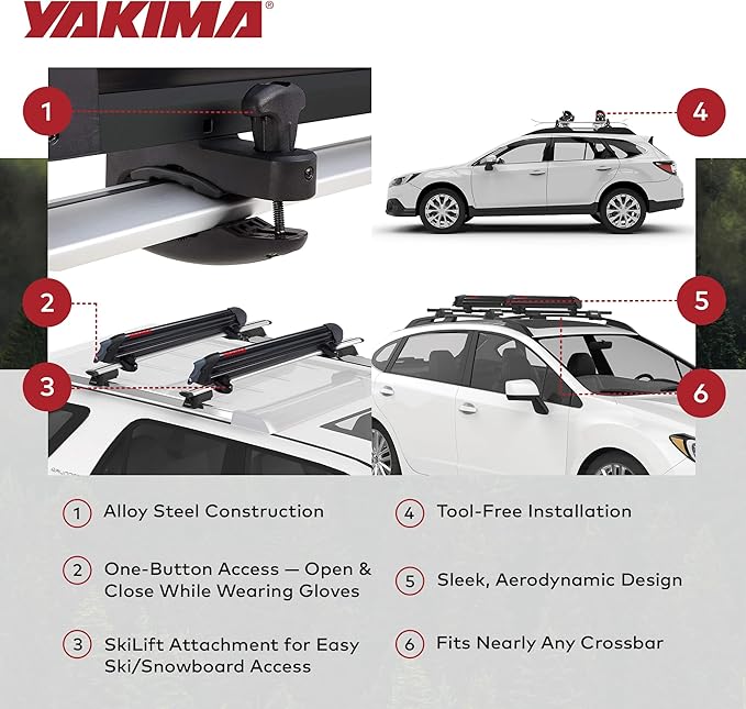 Yakima Ski & Snowboard Car Roof Rack, Fits 6 Ski Pairs or 4 Boards, PowderHound 6 - for Reliable & Secure Transport, Compatible with Yakima Crossbars
