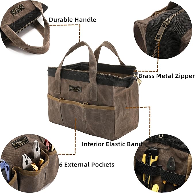 Tool Bag, 13-inch Heavy Duty 16oz Waxed Canvas Wide Mouth Water-Resistant Tool Bag, Tool Tote with Handle for Tools, Wrenches, Screwdrivers (13 X 7.8 X 9 inch) | Grey