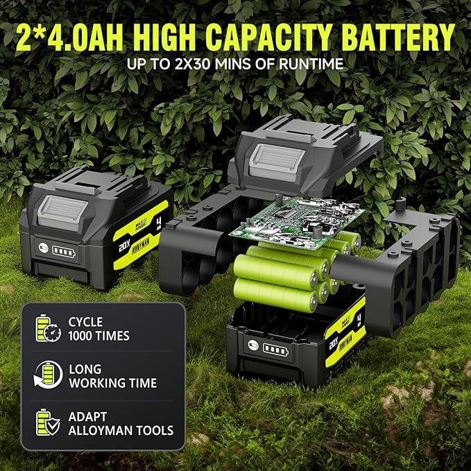 Alloyman 20V Cordless Pole Saw 8-inch, 15 Ft MAX Reach Electric Pole Saw for Tree Trimming, Tree Trimmer for Pruning Branches，with 2 * 4.0Ah Batteries & Charger, 2*Chains