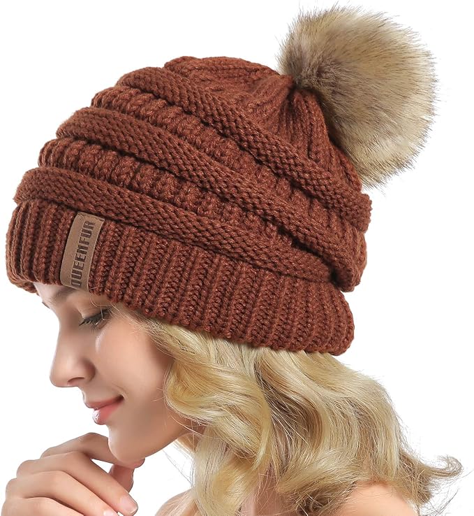 QUEENFUR Women Knit Slouchy Beanie Chunky Baggy Hat with Faux Fur Pompom Winter Soft Warm Ski Cap