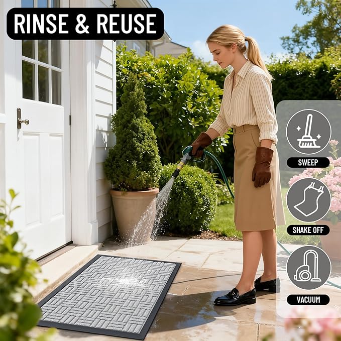 OLANLY Front Door Mat Outside Entrance 59x34, Absorbent, Heavy Duty Sturdy Natural Rubber Doormat Indoor Outdoor, Non-Slip, Stain and Fade Resistant, Low Profile Floor Mat for Entryway, Light Gray