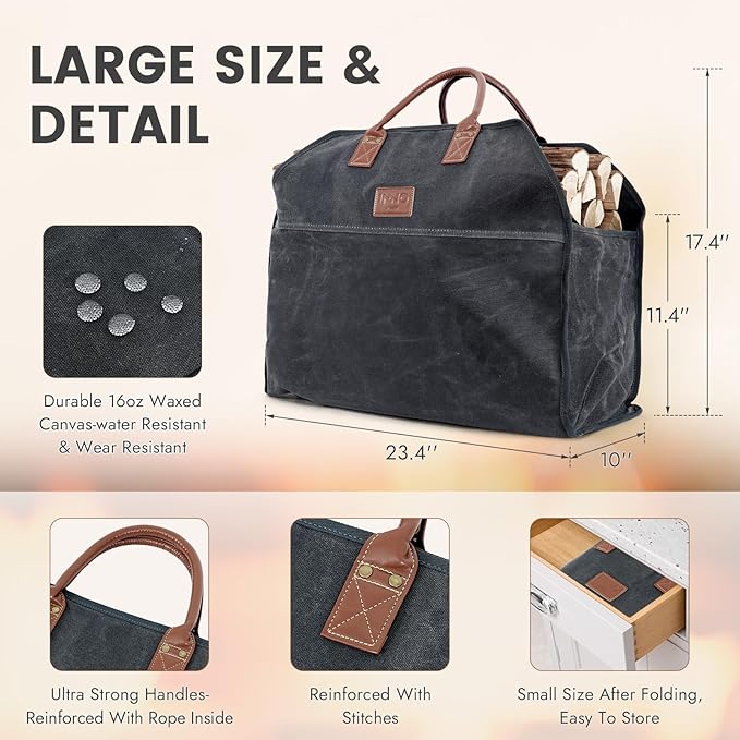 INNO STAGE Waxed Canvas Firewood Log Carrier, Extra Large Storage Tote Bag for Camping, BBQ Barbecue