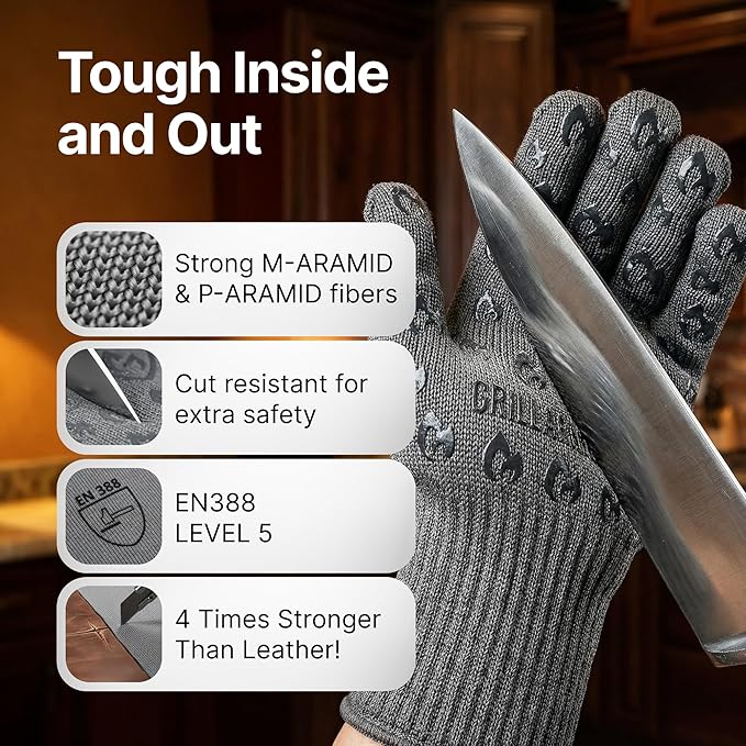 Oven Gloves with Fingers - 932°F Extreme Heat Proof and Cut Resistant Mitts for Kitchen, BBQ, Grill, Baking, Fire Pit - EN407 Certified with Non-Slip Silicone Grip and Cotton Lined for Comfort