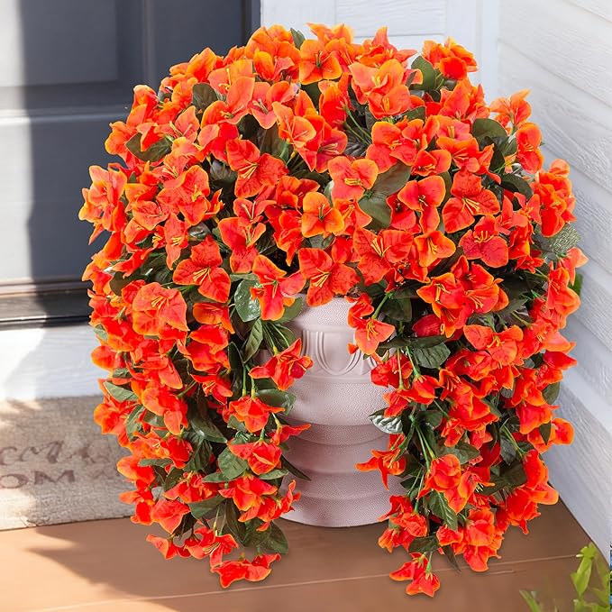Artificial Bougainvillea Faux Flowers Plants for Outdoors Outside Fall Autumn Decor, 2 PCS Silk Trailing Vines UV Resistant Realistic Orange Fake Flowers for Planter Front Door Porch Patio Balcony