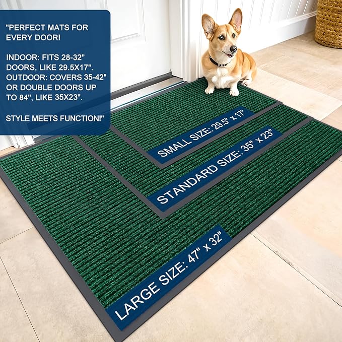 OLANLY Front Door Mat Indoor Outdoor Entrance, Waterproof Heavy Duty Doormat, Fade Resistant, Low Profile, Easy Clean Patio Porch Welcome Floor Mats for Entry, 71x34, Green