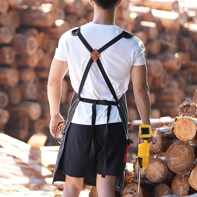 Tosewever Work Aprons for Men with Large Pockets, Canvas Cross Back Heavy Duty Adjustable Tool Aprons for Chef Cooking BBQ