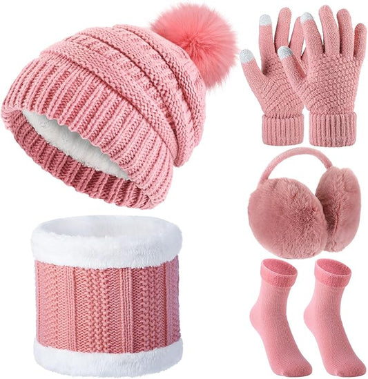 5 Pieces Women Winter Warm Set Knit Beanie Hat Scarf Touchscreen Gloves Earmuffs Stockings 5 in 1 Ski Outing Set for Gift
