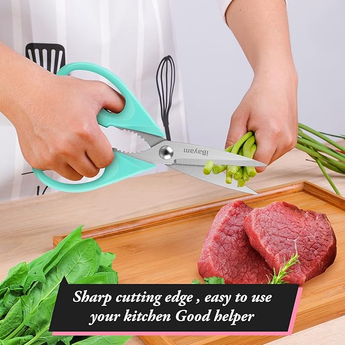iBayam Kitchen Scissors - All Purpose Heavy Duty Meat Scissors, Poultry Shears, Dishwasher Safe, Stainless Steel, 2-Pack, Pastel Pink, Mint Blue