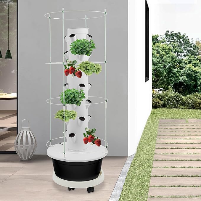 Hydroponic Growing Tower with Climbing Trellis, 30L Water Tank & Automatic Timer, Indoor Outdoor Vertical Garden System for Vegetables Herbs Strawberries (Black - 28 Holes)