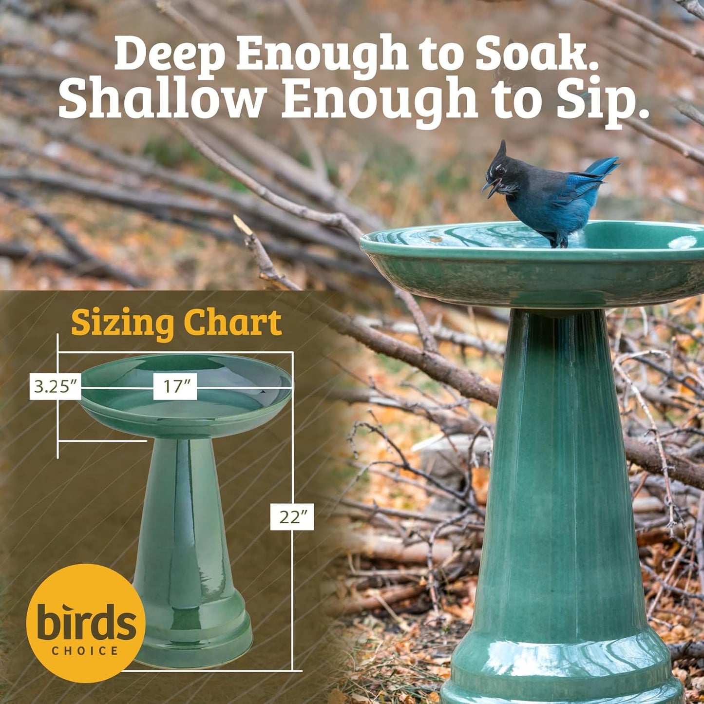 Birds Choice Ohio Stoneware Bird Bath | Pedestal Bird Bath, Stable Locking Top | Weather-Resistant Ceramic Clay, Glazed Finish | Outdoor Garden & Patio Decor | 22" H x 17" D, Summer Green