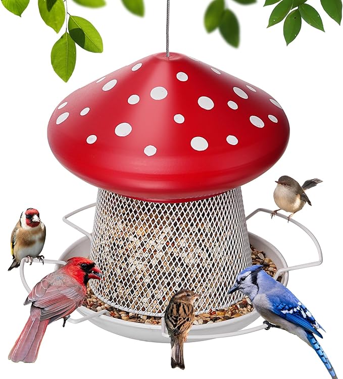 Bird Feeder, Heavy Duty Metal Bird Feeders for Outdoor Hanging, Cute Mushroom Shape 3.5 LB Large Capacity Wild Birdfeeder for Outside Garden Yard (Red)