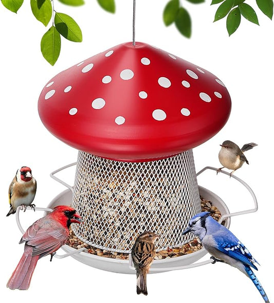 Bird Feeder, Heavy Duty Metal Bird Feeders for Outdoor Hanging, Cute Mushroom Shape 3.5 LB Large Capacity Wild Birdfeeder for Outside Garden Yard (Red)